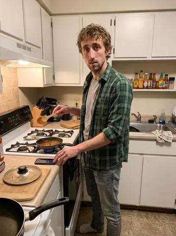Caden, AI character: his small Minneapolis apartment kitchen at night, hot-sauce bottles lined on a shelf above the stove, one…