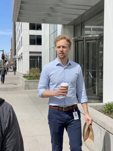 Chance, AI character: a downtown Denver sidewalk outside his office building during a quick coffee run between client calls