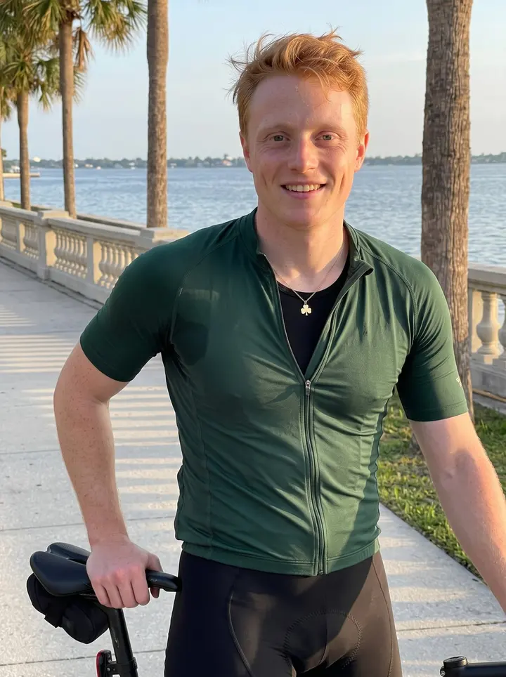Shaun, AI character: Bayshore sidewalk in Tampa after an early evening bike ride, water and palm trees behind him
