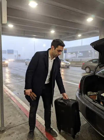 Carson, AI character: the Hartsfield-Jackson airport departures curb just after dawn, light fog hanging over the pickup lanes
