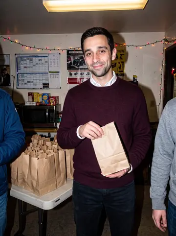 Carson, AI character: the car-service break room in December, with plain paper treat bags for clients' dogs lined up on a…