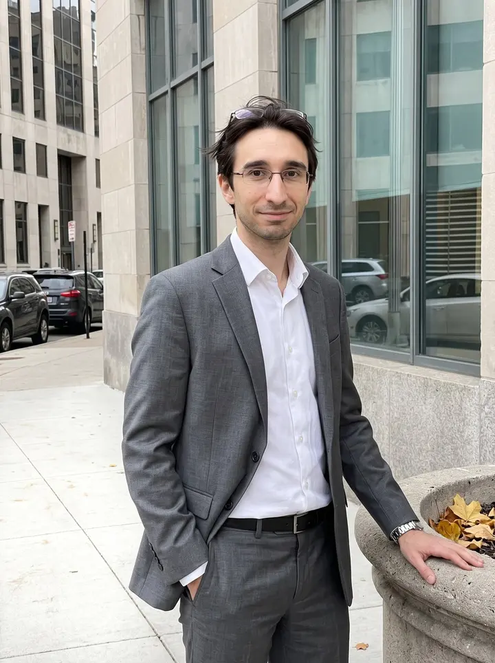 Dušan, AI character: outside a downtown Detroit office building after work, leaning near a stone planter with the street behind him