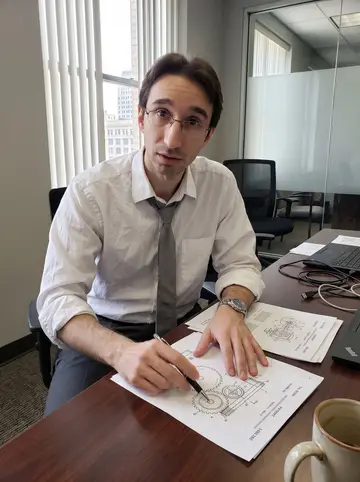 Dušan, AI character: a small patent-law conference room in Detroit with patent drawings, a laptop and a mug on the table