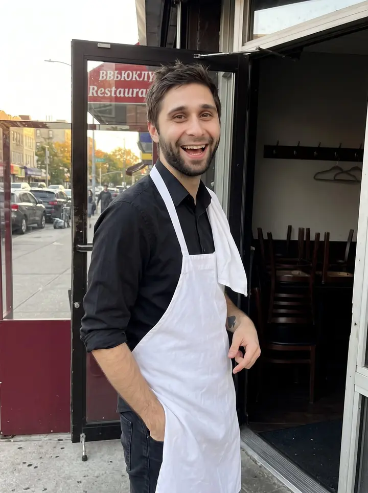 Igor, AI character: outside the Russian-American restaurant in Brighton Beach during the quiet hour before dinner service,…