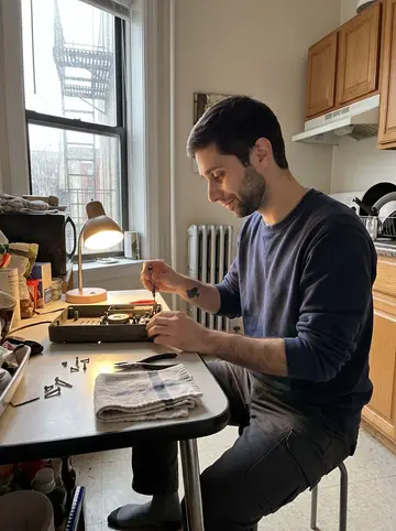 Igor, AI character: his small Brooklyn apartment on a rainy afternoon, kitchen table covered with an old radio, screws, and a…