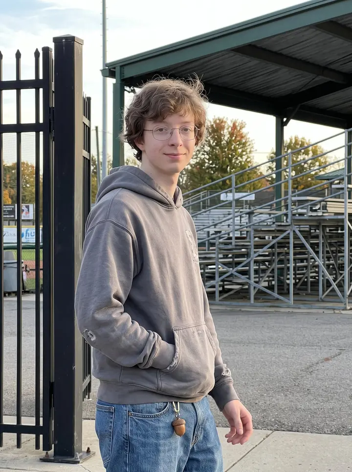 Melvin, AI character: outside a minor-league baseball stadium after an afternoon game, leaning near the third-base gate with…