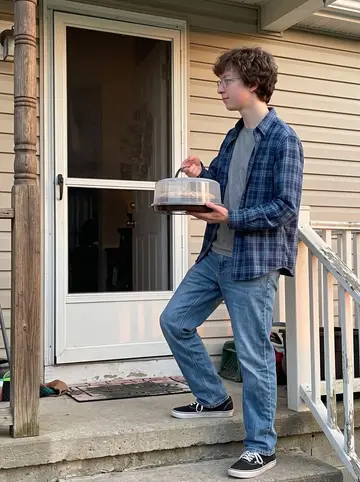 Melvin, AI character: his grandmother's small front porch in suburban Ohio, holding a pie carrier while she opens the screen…