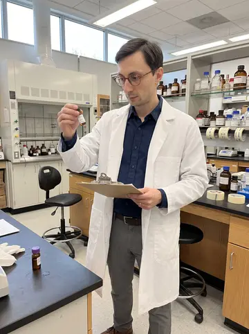 Dmytro, AI character: a university chemistry lab prep room in Cleveland, fume hood and labelled glassware shelves in the background