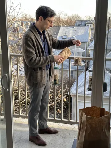 Dmytro, AI character: his apartment balcony in Cleveland, bird feeders hanging from the railing with winter rooftops beyond