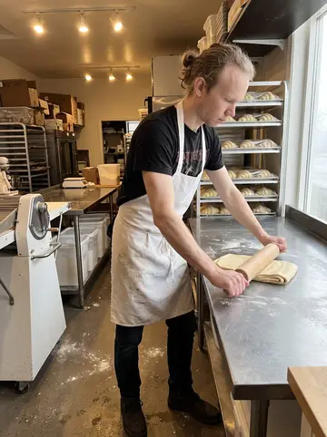 Johannes, AI character: inside the bakery kitchen before opening, stainless worktable, dough sheeter, flour bins, and trays of…