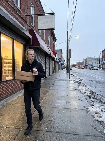 Johannes, AI character: early winter blue hour on a Philadelphia sidewalk near the bakery, wet pavement, SEPTA stop, closed…
