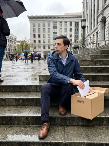 Eivind, AI character: stone steps outside the Seattle municipal building on a rainy weekday afternoon