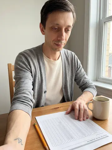 Eivind, AI character: small apartment breakfast table beside a window, a mug of coffee and a spreadsheet printout in front of him