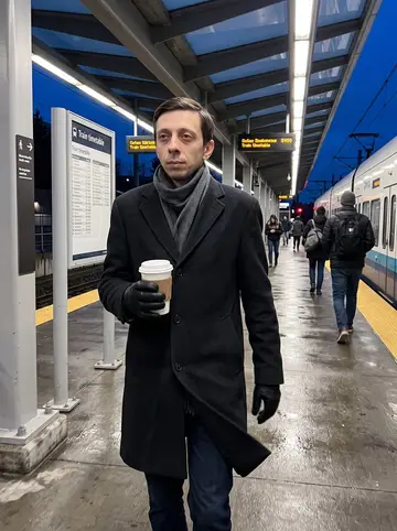 Eivind, AI character: light rail platform in Seattle at blue hour, damp concrete and blurred commuters behind him