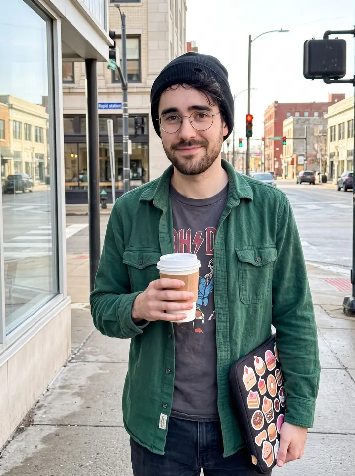 Václav, AI character: outside a small Cleveland coffee shop near the Rapid station on a bright spring morning, sidewalk still…