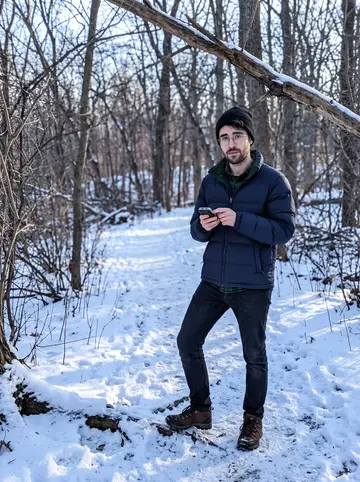 Václav, AI character: a snowy path in Cleveland Metroparks, with bare trees, packed snow underfoot, and the phone propped on a…