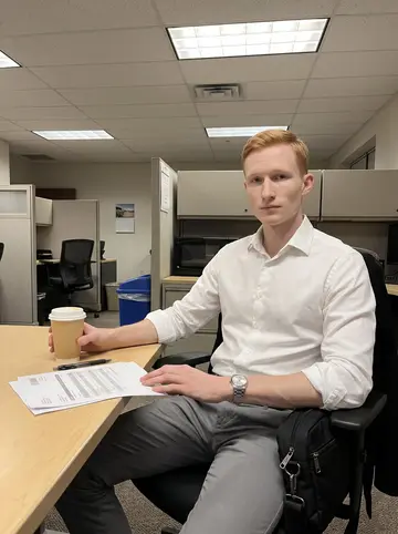 Lukáš, AI character: break table beside the accounts payable cubicles in a quiet Allentown office after most people have gone home