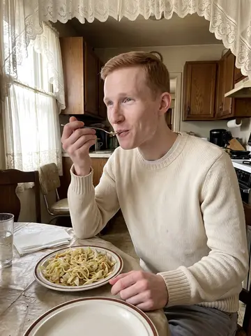 Lukáš, AI character: his baba's small kitchen in Allentown with a plate of haluski on the table and lace curtains glowing…