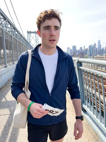 Fionn, AI character: the Brooklyn side of the Williamsburg Bridge just after a charity 5k, Manhattan skyline behind him
