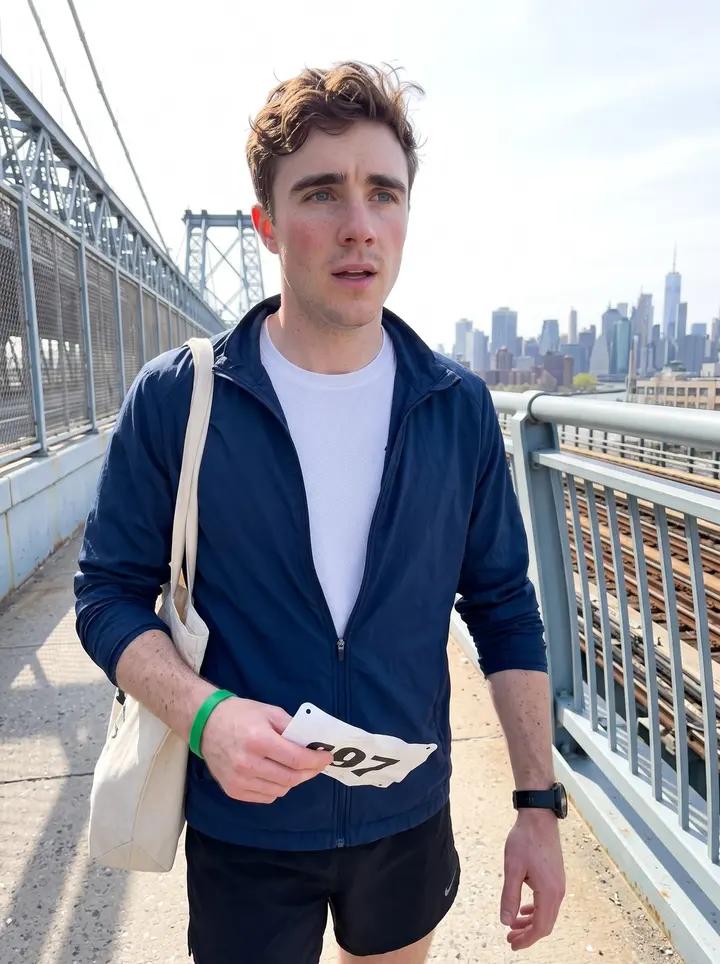 Fionn, AI character: the Brooklyn side of the Williamsburg Bridge just after a charity 5k, Manhattan skyline behind him