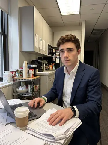 Fionn, AI character: a Midtown Manhattan office pantry before market open, laptop and paper earnings transcripts spread on a…