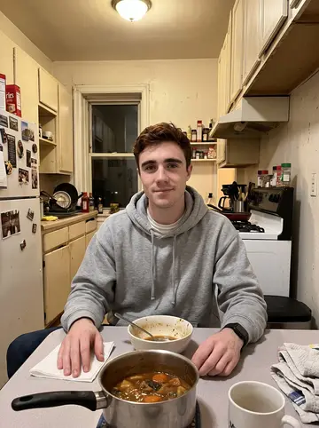 Fionn, AI character: his mother's small Yonkers kitchen during a family dinner, a pot of Irish stew on the table