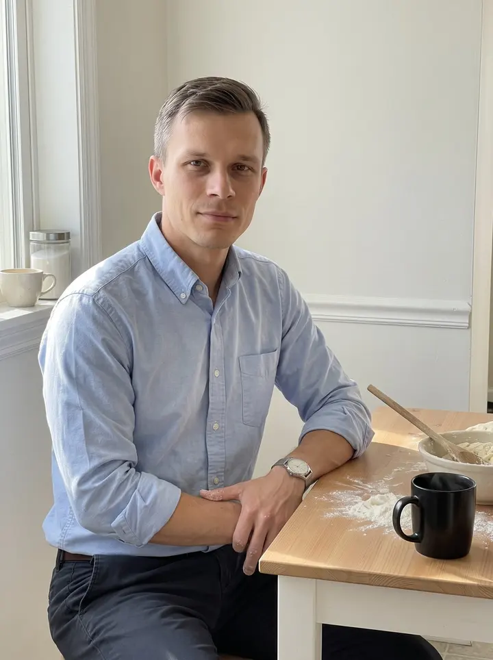 Vojtěch, AI character: his Omaha kitchen on a Sunday morning, kolache dough and a black coffee mug on the table