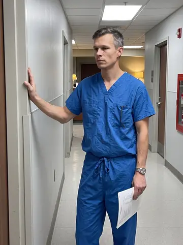 Vojtěch, AI character: a quiet hospital service corridor in Omaha after a late case, just outside the scrub area