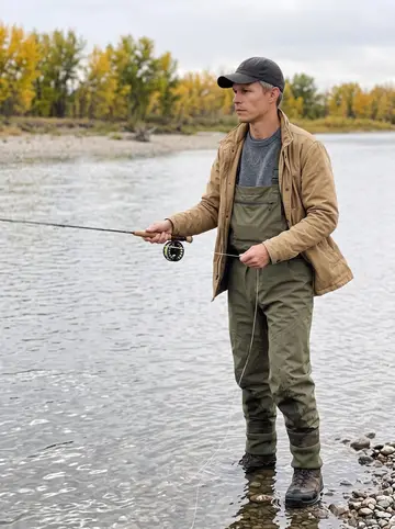 Vojtěch, AI character: the shallow edge of the Platte River on an overcast autumn afternoon, cottonwoods behind him