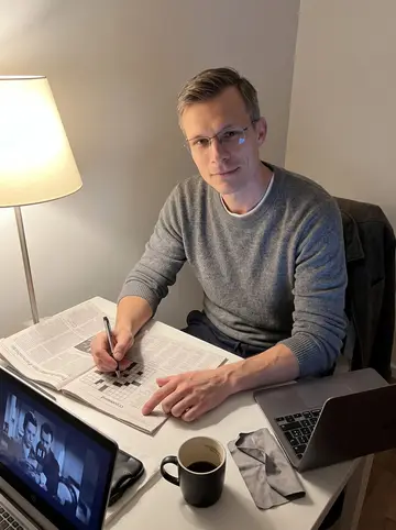 Vojtěch, AI character: his small dining table late at night, an old Czech film paused on a laptop while he edits subtitles and…