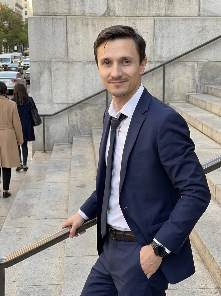 Paweł, AI character: outside the federal courthouse in Philadelphia at the end of the day, stone steps and city traffic behind…