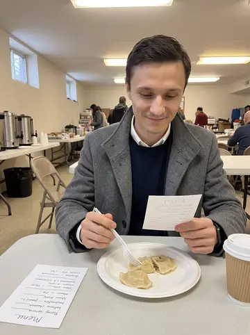 Paweł, AI character: church basement pierogi lunch in Greenpoint on a Saturday morning, folding tables, paper plates, and…