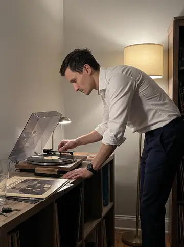 Paweł, AI character: his Philadelphia apartment late at night, small turntable on a shelf, scratched Eastern European jazz…