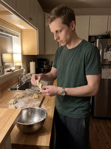 Aleksi, AI character: his small Seattle apartment kitchen after a night shift, mixing dough for cinnamon buns on a wooden counter