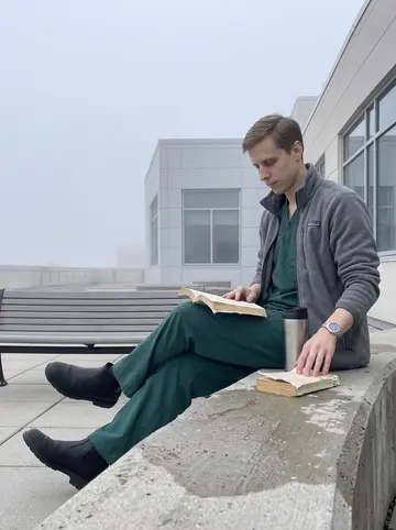 Aleksi, AI character: the hospital roof deck in early fog, thermos and paperback on a small concrete ledge before the shift starts