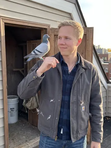 Gustav, AI character: the rooftop pigeon loft above his Minneapolis apartment building, wooden loft doors open and the city…