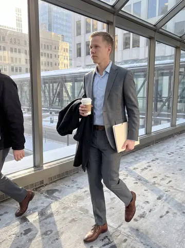 Gustav, AI character: the Minneapolis skyway outside the downtown bank during a short lunch break