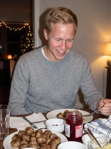 Gustav, AI character: his mother's dining room in south Minneapolis during Sunday dinner, plates of Swedish meatballs and…