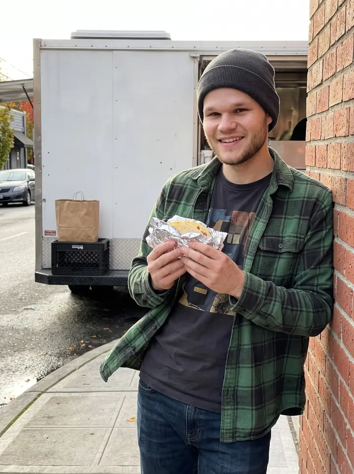 Fabian, AI character: outside a taco truck on a Seattle side street near Capitol Hill, leaning against a low brick wall while a…