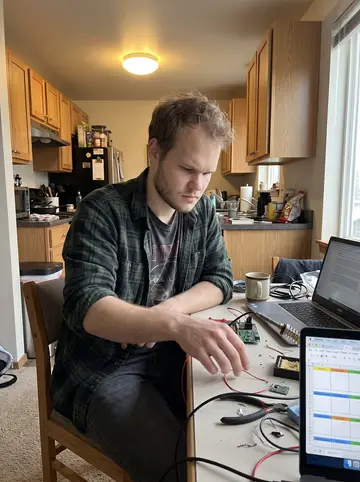 Fabian, AI character: his small Seattle apartment kitchen table covered with little circuit boards, a soldering iron stand, wire…
