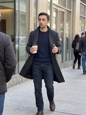 Anatoly, AI character: outside a Brooklyn office building during a short afternoon break, people and glass doors behind him