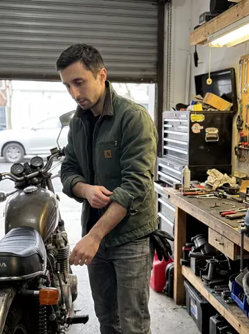 Anatoly, AI character: a friend's small motorcycle garage in Brooklyn on a cloudy Saturday, tool chest and half-open garage door…