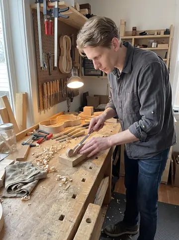 Rune, AI character: a small violin workshop in Portland that smells of spruce, with clamps, chisels and unfinished violin ribs…