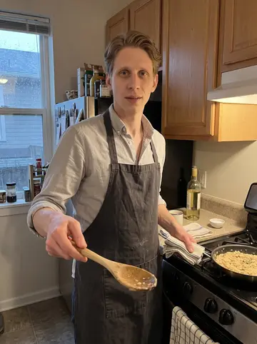 Rune, AI character: his compact Portland apartment kitchen on a rainy evening, a pan of risotto on the stove and a half-open…