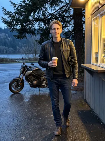Rune, AI character: a roadside coffee stand near the Columbia River Gorge after a cold winter ride, wet pavement and his…