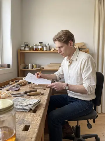 Rune, AI character: the violin workshop on a bright spring afternoon, phone propped on a shelf beside jars of varnish and…