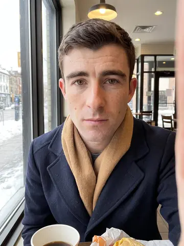 Casper, AI character: window seat at a Tim Hortons in Toronto, snow-bright sidewalk visible through the glass