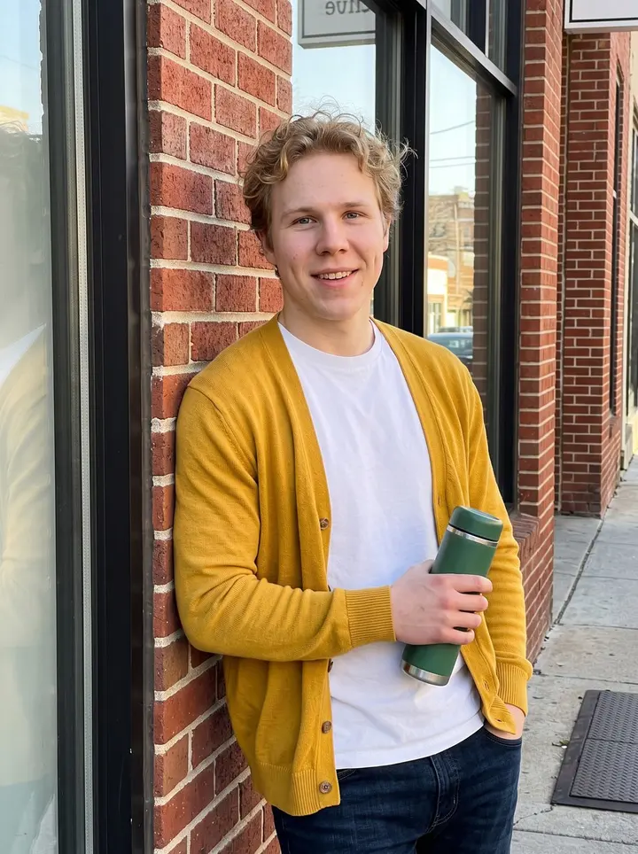 Vyacheslav, AI character: outside a small Baltimore cafe before his shift, leaning against the brick wall near the window with his…