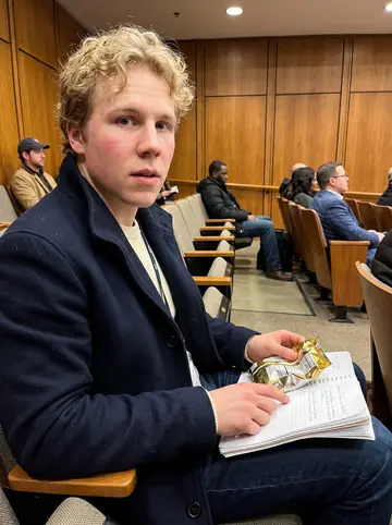 Vyacheslav, AI character: a Baltimore city council hearing room at night, seated in the public row with a notebook and a snack…