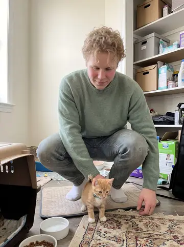 Vyacheslav, AI character: the spare room in his Baltimore apartment set up for foster kittens, beside a heated pad and low food bowls